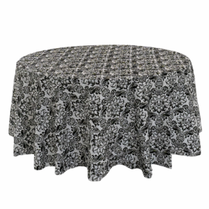 120” Round Black & White Flocked Taffeta Table Linen