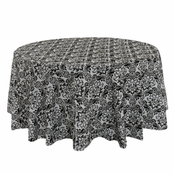 120” Round Black & White Flocked Taffeta Table Linen